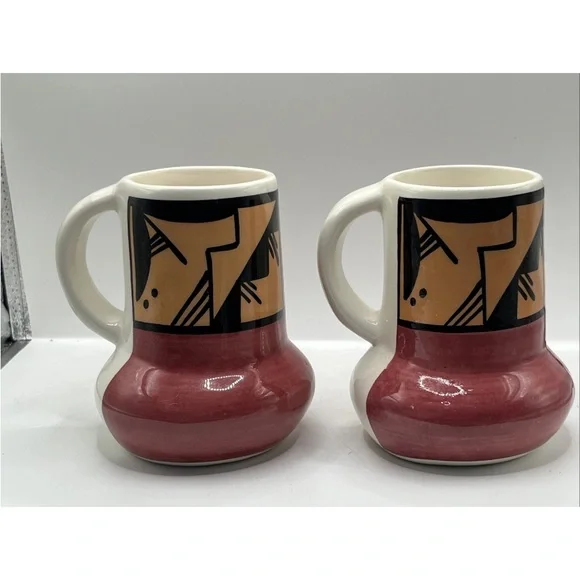 VINTAGE Ute Mountain Pottery Coffee Mugs Set of 2 Tribal Artist Signed 16oz OOAK - Picture 3 of 6